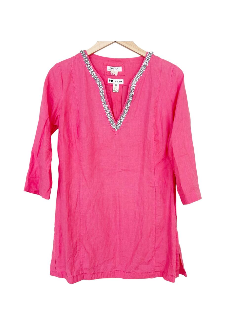 Malvin Pink 100% Linen Beaded Split Neck Tunic Sz M